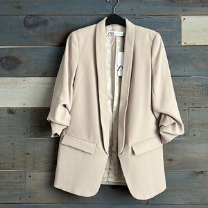 NEW Zara Open Front Ruched Sleeves Blazer XS Cream